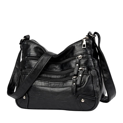 Soft Vegan Leather Crossbody Bag with Multi-Zipper Pockets