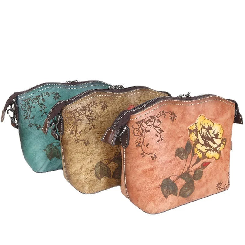 Top-Grain Cowhide Single-Shoulder Crossbody Women S Bag Chinese-Style Rose Women S Single-Shoulder