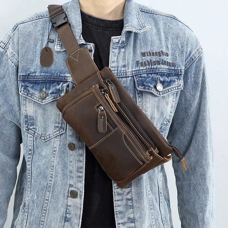 Chest Bag Retro Men S Leather Waist Outdoor Sports Cowhide Satchel Scooter Multi-Function Waterproof