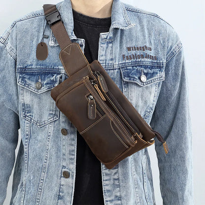 Chest Bag Retro Men S Leather Waist Outdoor Sports Cowhide Satchel Scooter Multi-Function Waterproof