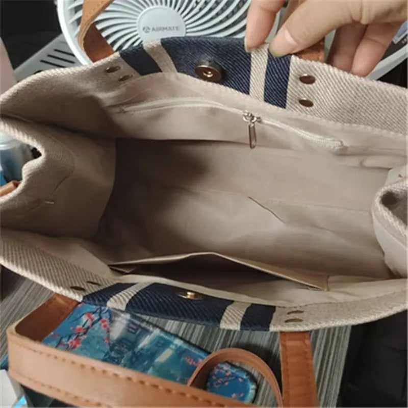 Canvas Striped Tote Bag for Women – Work & Shoulder Handbag
