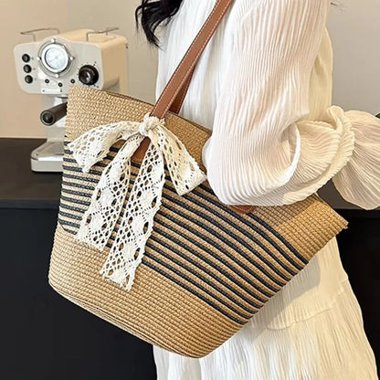 Large Capacity Woven Straw Bag Spring Casual Style Beach Shoulder Polyester Lining Zipper Closure