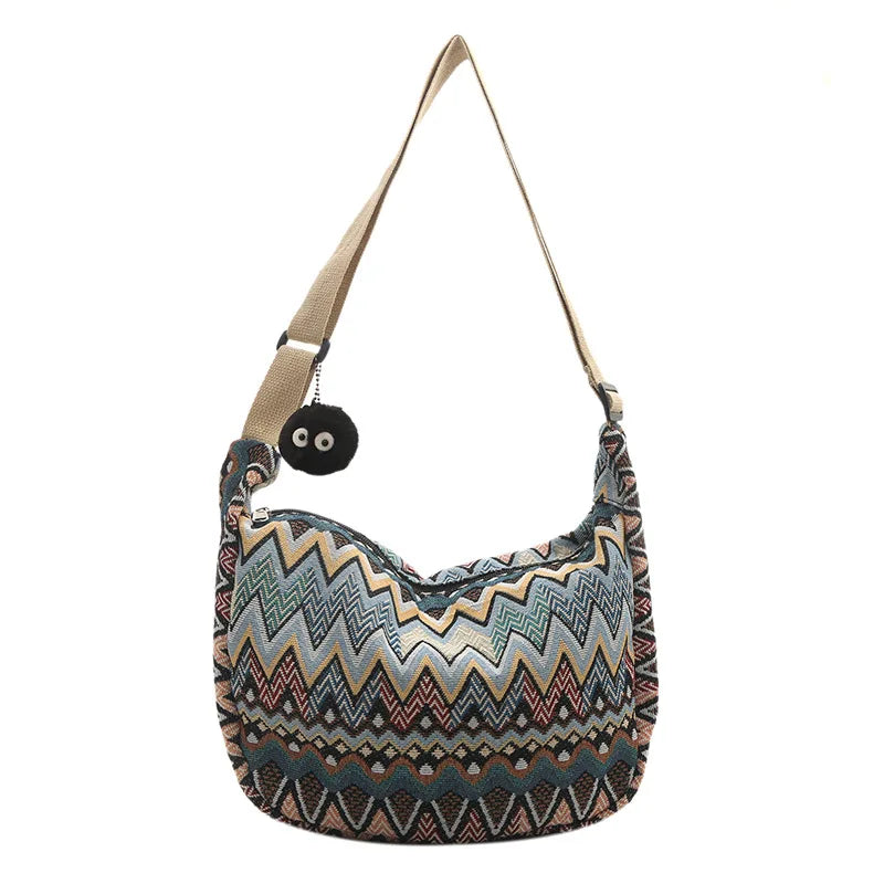 Wave Pattern Canvas Crossbody Bag – Large Shoulder Bag for Women