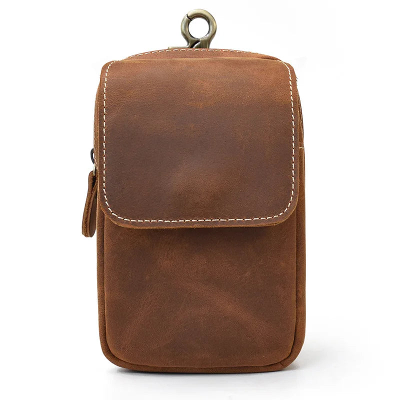 Men S Retro Genuine Leather Waist Bag Crazy Horse Leather Double-Layer Belt Hanging Bag
