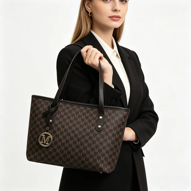 Chic Monogram Pu Tote Bag Gold M Pendant Spacious Stylish Handbag Shoulder Bags Women Everyday Use