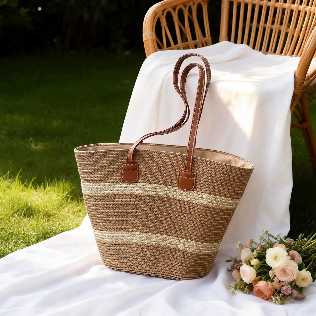 Vacation Fresh Women Tote Bag Solid Stripe Woven Shoulder Large Capacity Breathable Straw Handbag