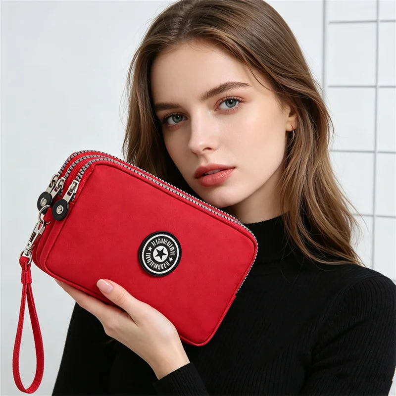 Chic Nylon Triple Zipper Wristlet Clutch Durable Multi-Pocket Design