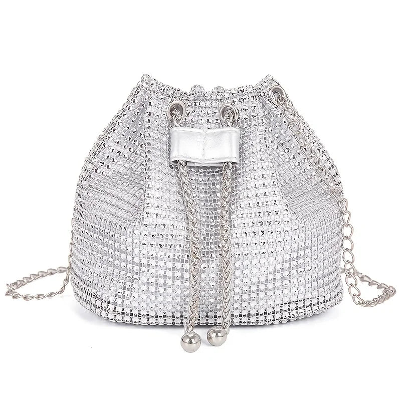 Gold Rhinestone Large Capacity Tote Bag Sparkly Drawstring Crossbody Purse Gold Chain Strap Party