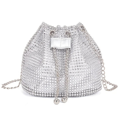 Gold Rhinestone Large Capacity Tote Bag Sparkly Drawstring Crossbody Purse Gold Chain Strap Party