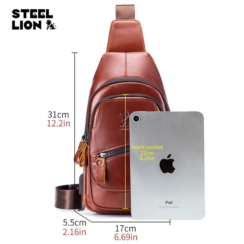 Large-Capacity Genuine Leather Men S Single-Shoulder Crossbody Usb Chest Bag Top Layer Cowhide