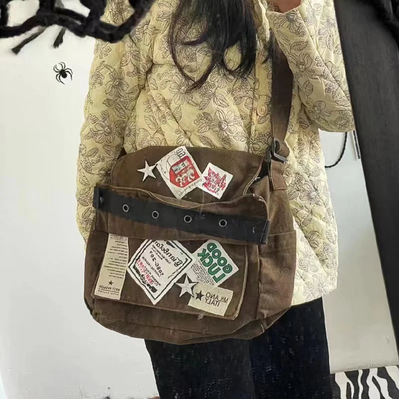 Y2K Canvas Messenger Bag – Punk Patchwork Star Crossbody Bag