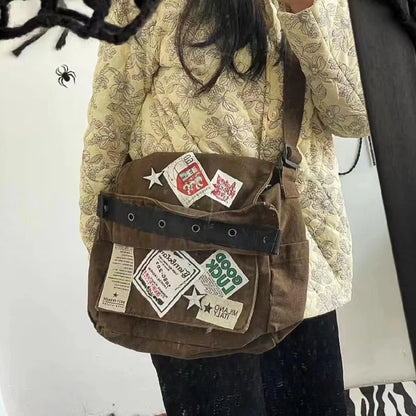 Y2K Canvas Messenger Bag – Punk Patchwork Star Crossbody Bag