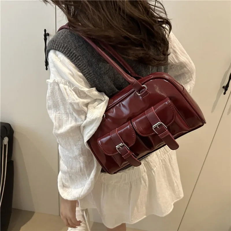 Patent Leather Tote Bag for Women – Retro Buckle Shoulder Handbag