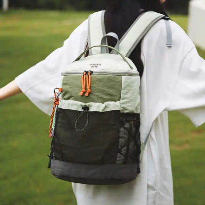 Color Block Nylon Backpack Mesh Pocket Orange Drawstring Adjustable Straps Student School Outdoor