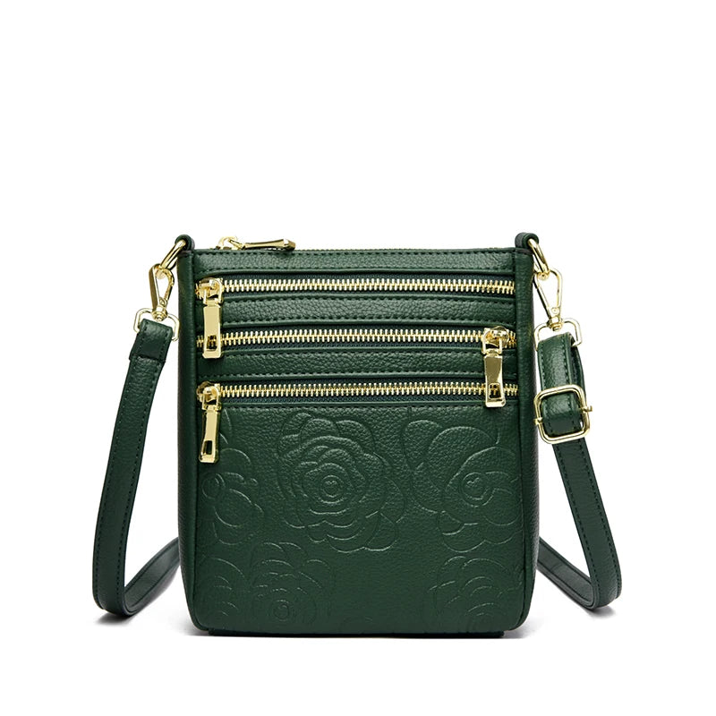 Triple Zipper Crossbody Bag – Floral Embossed Leather Shoulder Bag