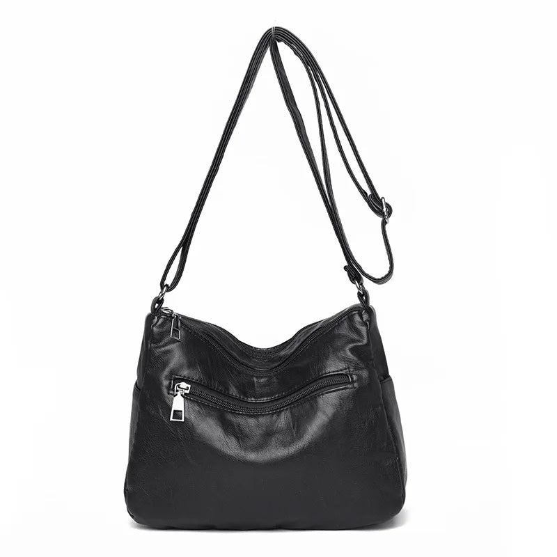 Soft Vegan Leather Crossbody Bag with Multi-Zipper Pockets