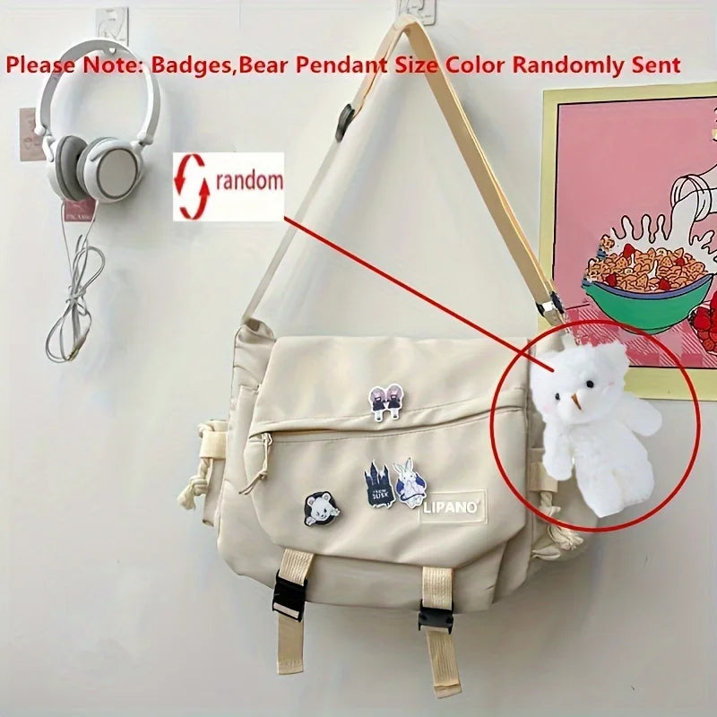 Kawaii Crossbody Messenger Bag with Badge Pins & Bear Pendant