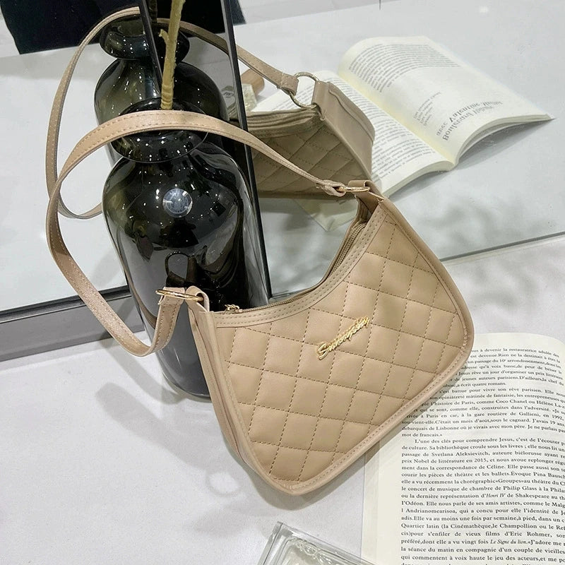 Chic Quilted Pu Handbag Shoulder Bag Women Daily Use Large Capacity Underarm Bag Zipper Closure