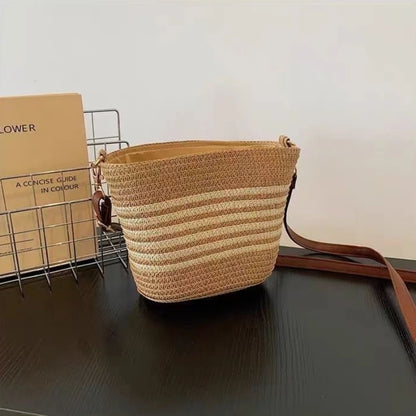 Women Straw Woven Crossbody Bags Striped Beach Shoulder Purse Leather Strap Casual Summer Chic