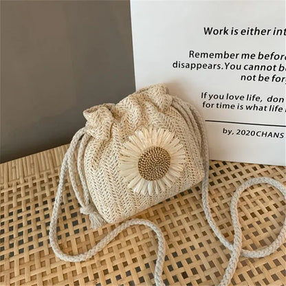 Woven Straw Mini Crossbody Bag – Flower Drawstring Bucket