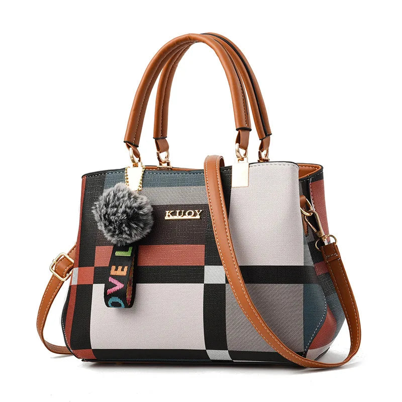Plaid Small Tote Bag Ball Decoration Multi Layer Handbag Shoulder Crossbody Women Date Party Student