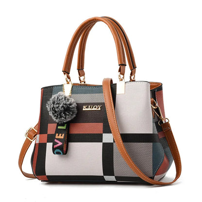 Plaid Small Tote Bag Ball Decoration Multi Layer Handbag Shoulder Crossbody Women Date Party Student