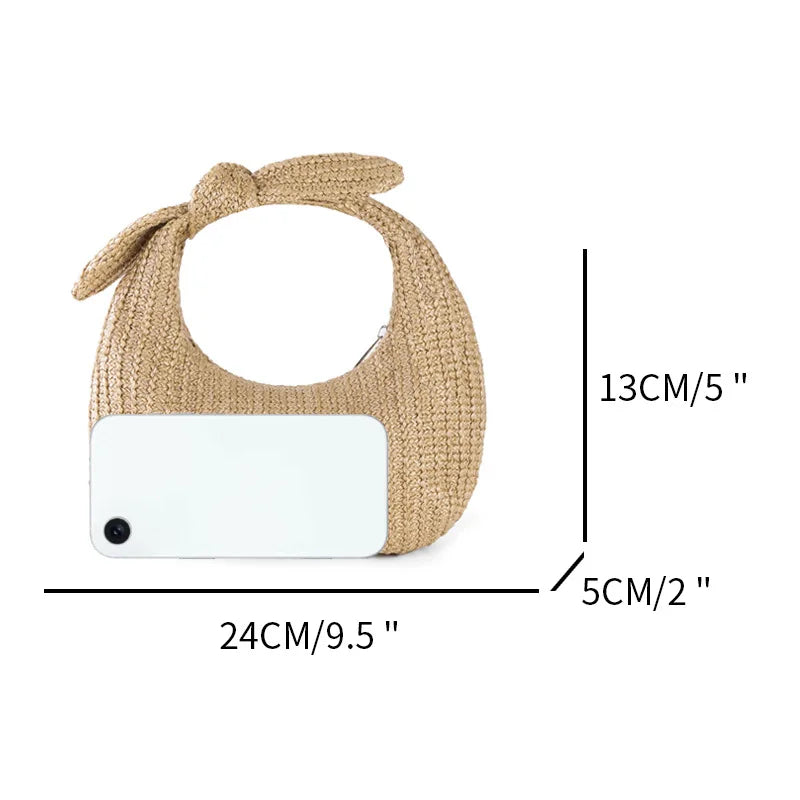 Crescent Tote Bag Cute Bow Knot Straw Woven Handbag Wrist Bag Daily Travel Holiday