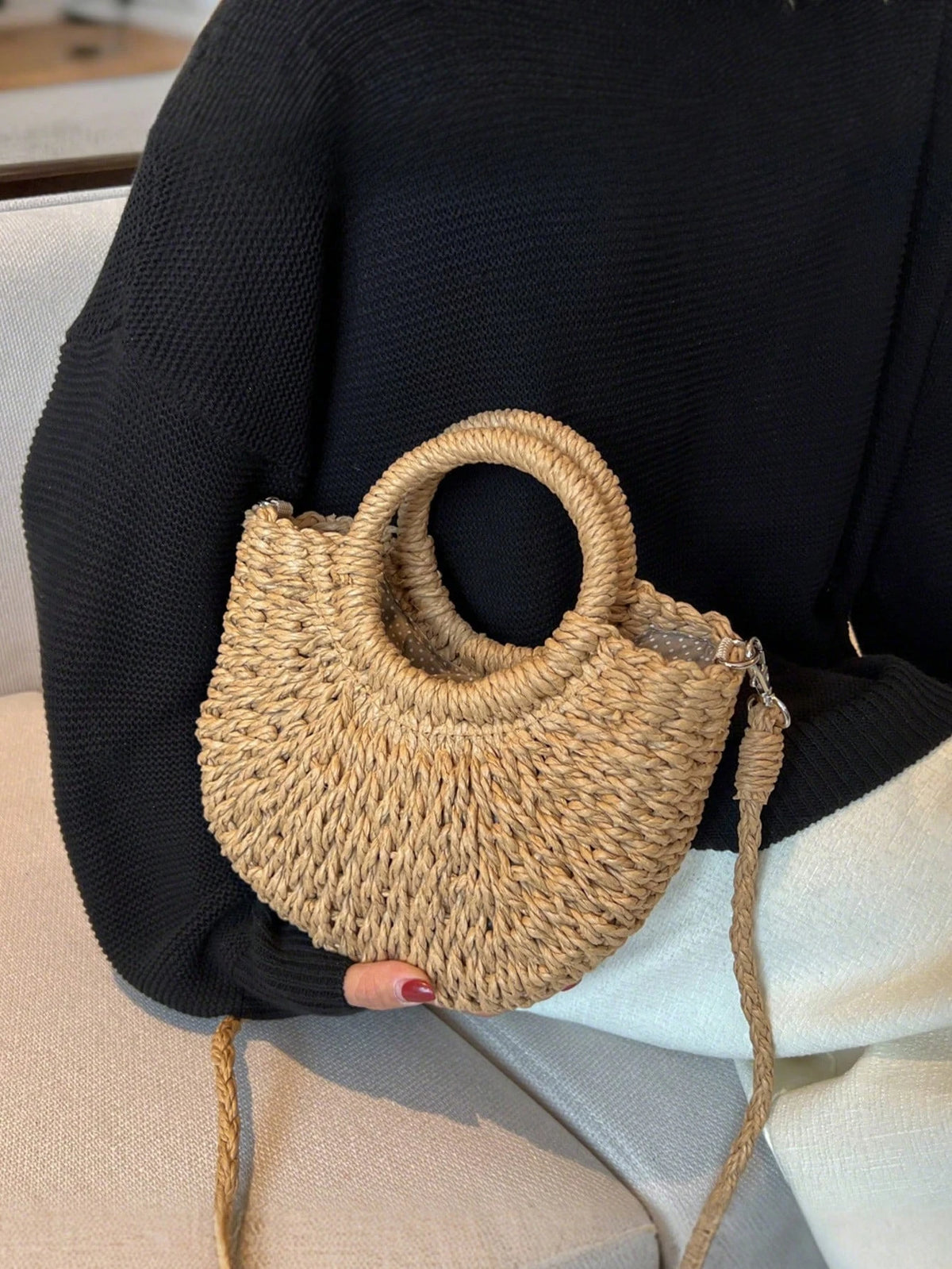 Forest Style Handmade Straw Woven Handbag Half Circle Beach Diagonal Cross Bag Bohemianstyle