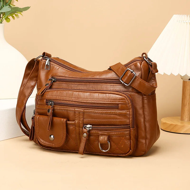 Leather Multi-Pocket Crossbody Bag Women Zipper Shoulder Bag