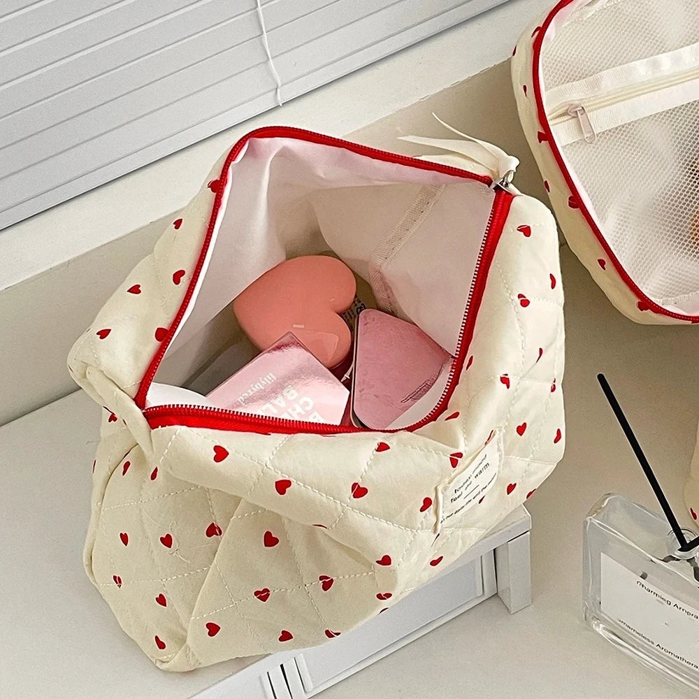 Ins Heart Women Quilting Makeup Bag Large Capacity Toiletry Cosmetic Storage Pouch Handbag Ladies