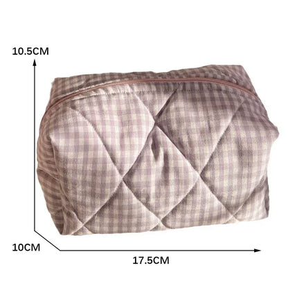 Checkered Floral Makeup Bag Large Capacity Portable Cosmetic Storage Cotton Quilted Wash Skincare