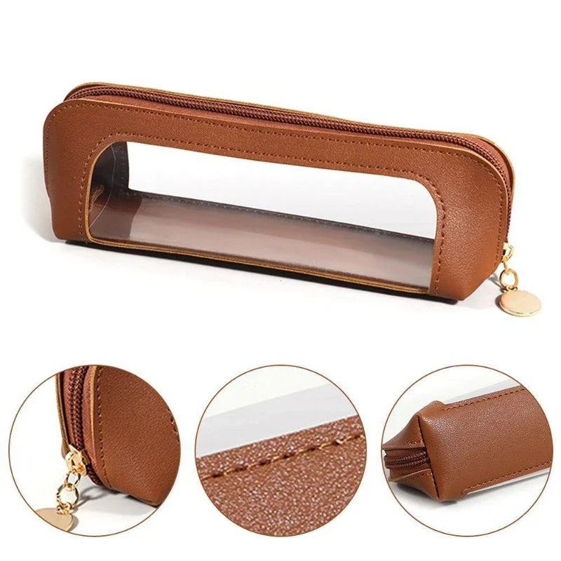 Pu Pencil Case Portable Waterproof Transparent Cosmetic Bag Zipper Makeup Brush Storage Sundries