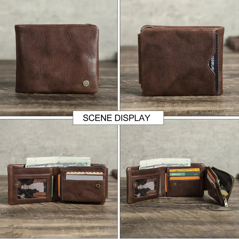 Rfid Anti-Theft Brush Full Grain Cowhide Three Fold Men S Wallet Horizontal Multi-Card Leather