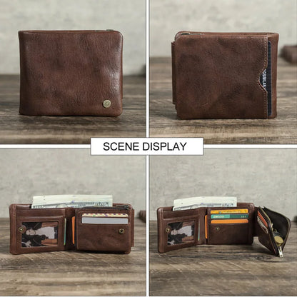 Rfid Anti-Theft Brush Full Grain Cowhide Three Fold Men S Wallet Horizontal Multi-Card Leather