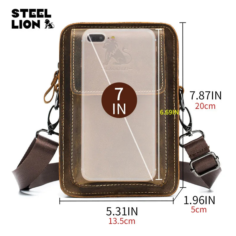 Crazy Horse Leather Men Casual Wear Belt Mobile Phone Pocket Head Layer Cowhide Multi-Function