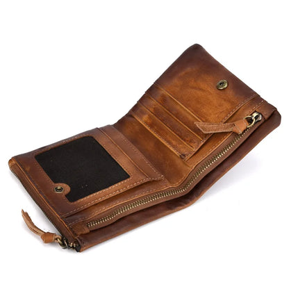 Genuine Leather Coin Pocket Card Holder Retro Double-Zipper Men S Wallet