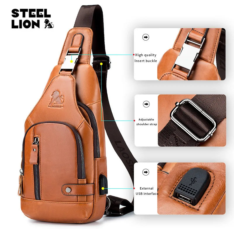 Leather Chest Bag Man Cross-Body Backpack Usb Multi-Function Large Capacity Front Satchel