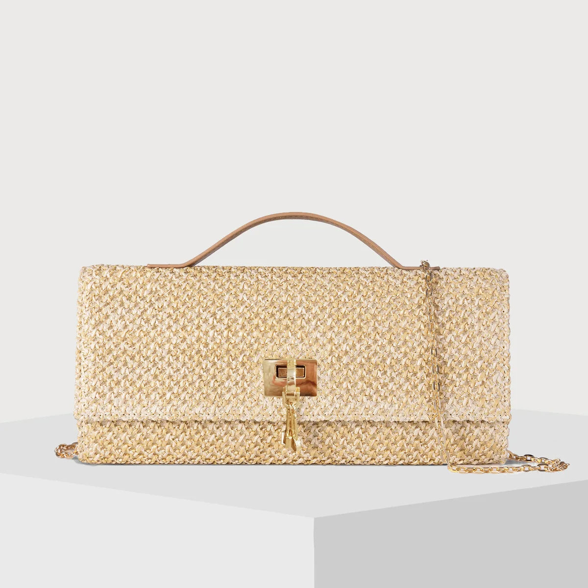 Straw Woven Clutch Bag – Gold Chain Crossbody Purse with Lock Closure