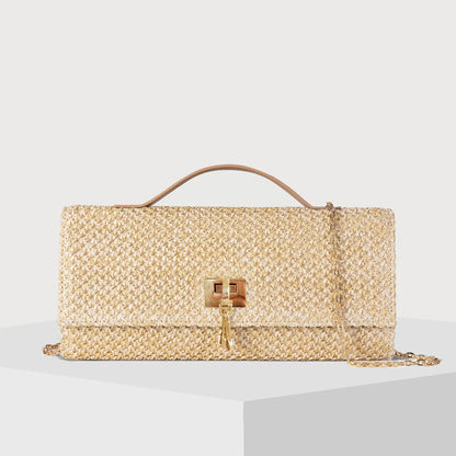 Straw Woven Clutch Bag – Gold Chain Crossbody Purse with Lock Closure