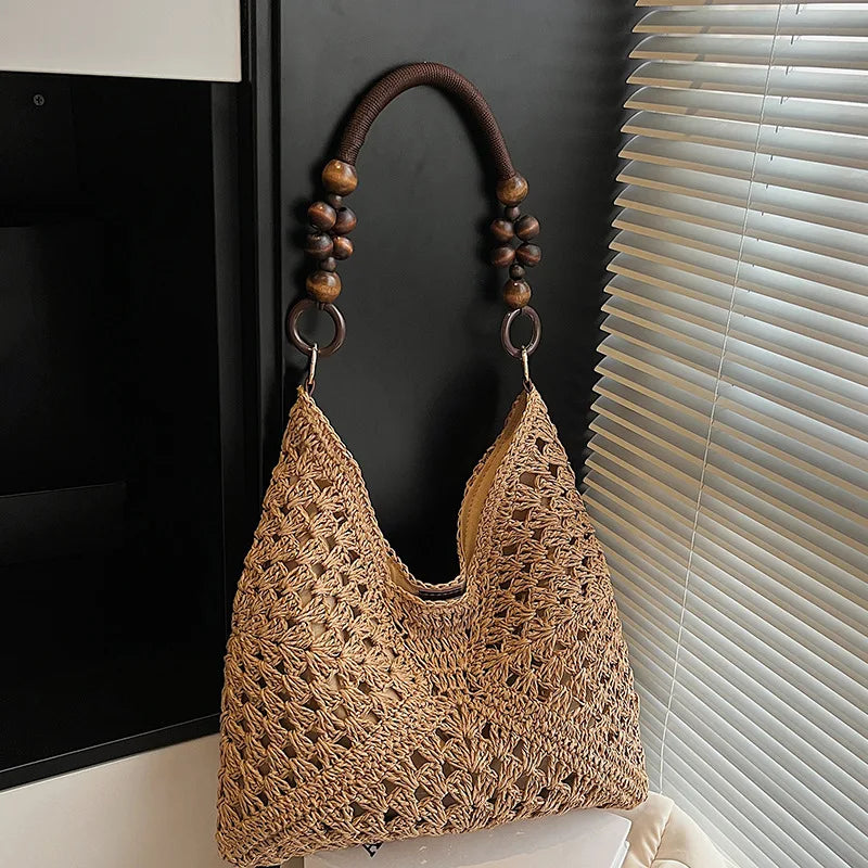 Crochet Woven Tote Bag – Wooden Bead Handle & Large Capacity