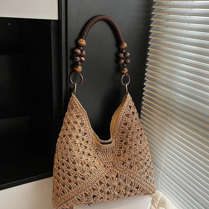 Crochet Woven Tote Bag – Wooden Bead Handle & Large Capacity