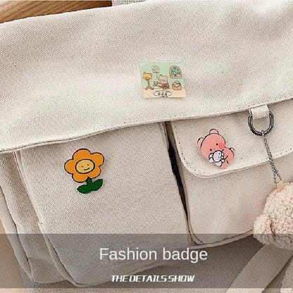 Cute Canvas Crossbody Bag for Women with Cartoon Badge Pins