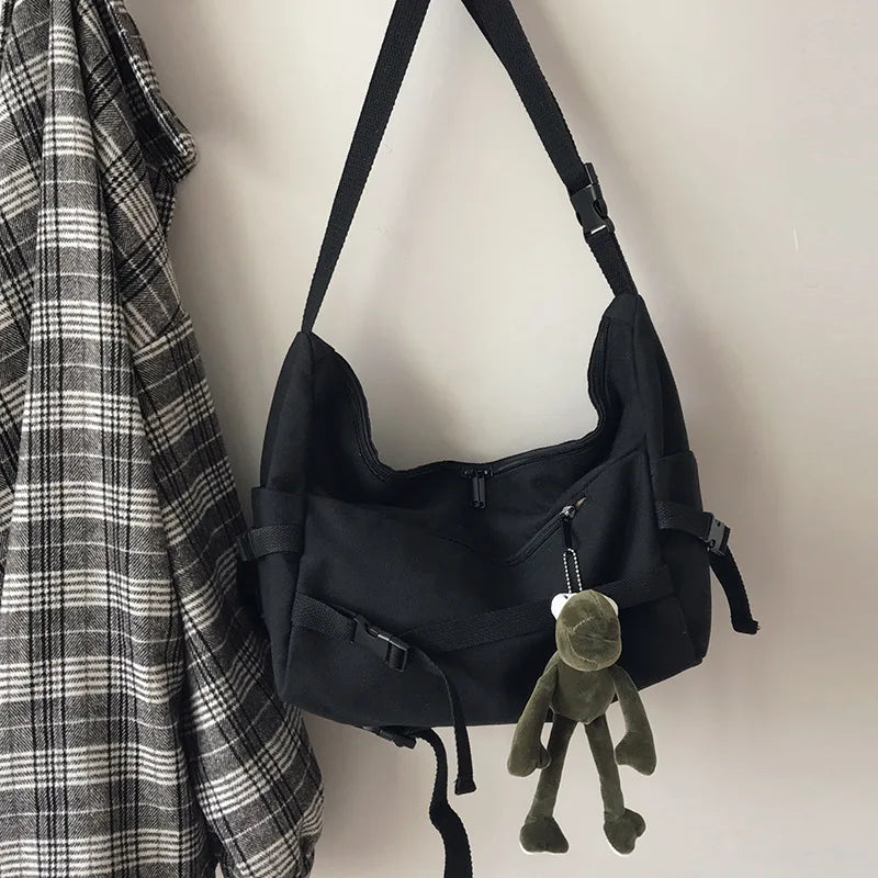 Canvas Crossbody Bag with Plush Pendant – Large Capacity Women's Shoulder Bag