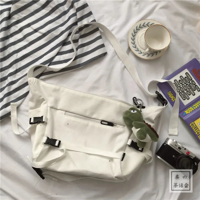 Canvas Crossbody Bag with Plush Pendant – Large Capacity Women's Shoulder Bag