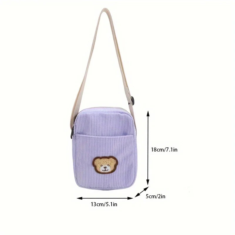 Girls Portable Corduroy Bear Phone Crossbody Bag Mobile Phone Coin Purse Fashionable Cross Small Bag