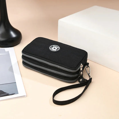 Three Layer Zipper Short Mobile Phone Bag Chic Women Hand Makeup Clutches Portable Change Waterproof