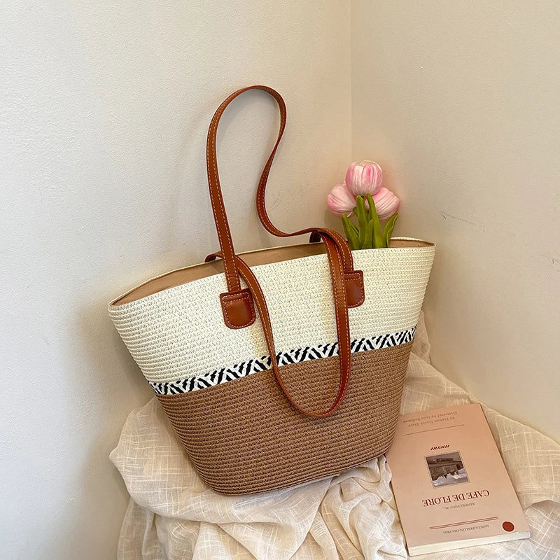Vacation Beach Handbag Woven Stripe Pattern Women Tote Bag Large Capacity Versatile Shoulder Summer