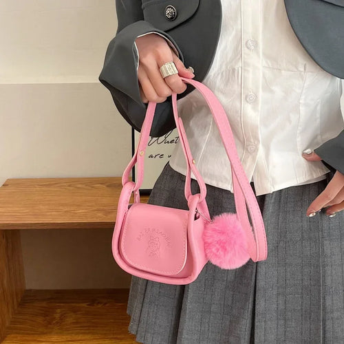 Mini PU Leather Shoulder Bag with Pompom Charm & Adjustable Strap
