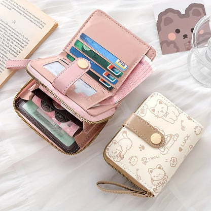 Cute Cat Print Wallet Women Tri-Fold Snap Closure Card Holder Purse