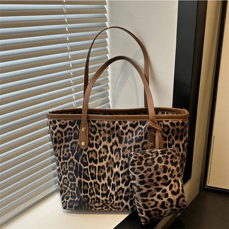 Leopard Tote Bag Pouch Stylish Synthetic Leather Handbag Shoulder Bag Large Capacity Shopping Bag